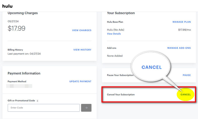 open hulu account page and click to cancel subscription