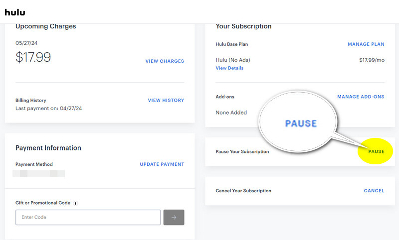 pause hulu subscription
