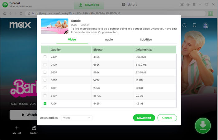 choose advanced download settings for the barbie movie