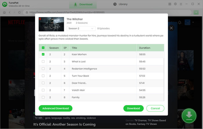 choose season and episodes for the witcher